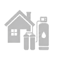 Gray icon of a house with water filters and a gas cylinder, suggesting home utilities or safety