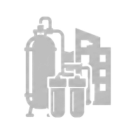 Gray industrial plant with tank, pipes, and twin filter canisters inside a building silhouette