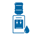 Blue water cooler icon with a water droplet, showing a dispenser and bottle