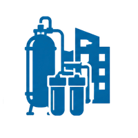 Blue industrial gas cylinder and tanks beside a building icon