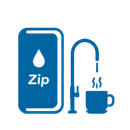 Blue ZIP water filter icon with a faucet pouring water into a steaming cup