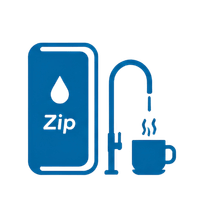 Blue Zip coffee machine logo with a drip icon and a steaming cup