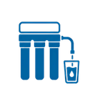 Blue water filter icon with three cartridges filling a glass with water
