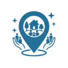 Blue community location icon with house, people, hands, and stars