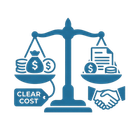Blue balance scale with cash and documents, clear cost label, and handshake icon on white background