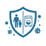Blue shield icon with a family and washing machine, surrounded by virus symbols, representing home hygiene protection