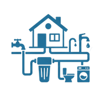 Blue house plumbing icon with faucet, pipes, water drop, trash can, toilet, and washing machine