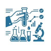 Blue science lab icons with test tube, flask, microscope, charts, and a hand holding a vial