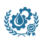 Blue eco-industrial icon with gear, oil drop, laurel branches, and award badge