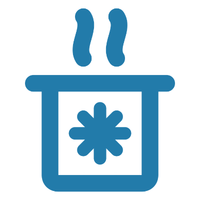 Blue lab beaker with steaming vapor and an asterisk symbol on the front