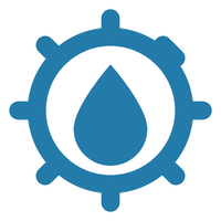 Blue water droplet inside a gear icon on a white background