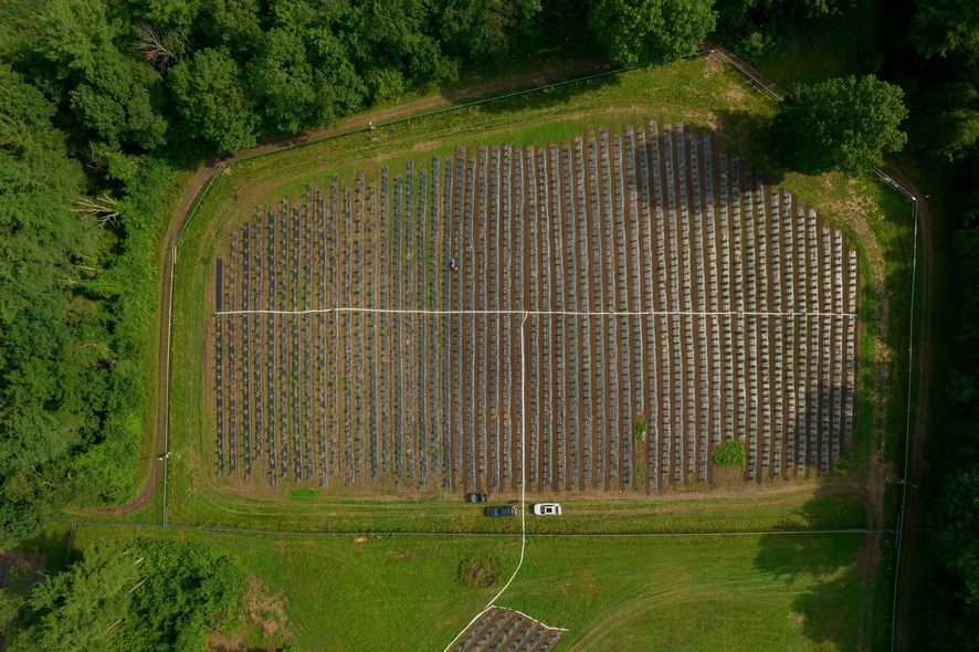 An aerial view of a large field surrounded by trees.