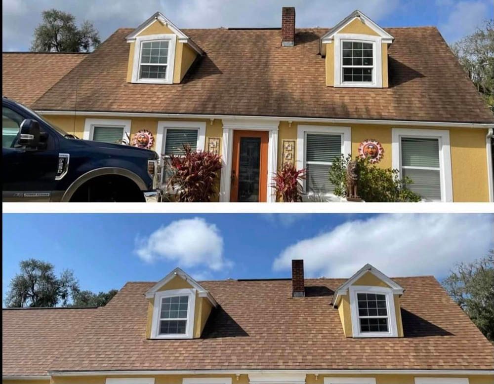 A before and after picture of a house with a truck parked in front of it.
