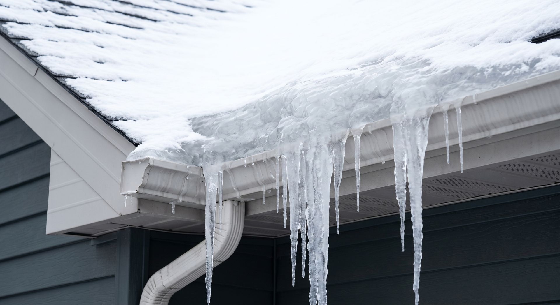 A severe ice dam and heavy icicles hanging from a white gutter, showing why VT homes need September 