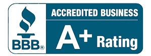 A blue sign that states SNJ Seamless Rain Gutters is an accredited business a+ rating