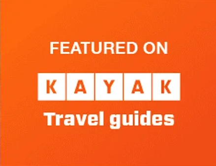 Orange KAYAK Travel guides promo with white text reading “FEATURED ON KAYAK Travel guides”