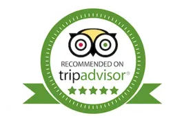 Tripadvisor Recommended badge with green ribbon, owl eyes, and five stars