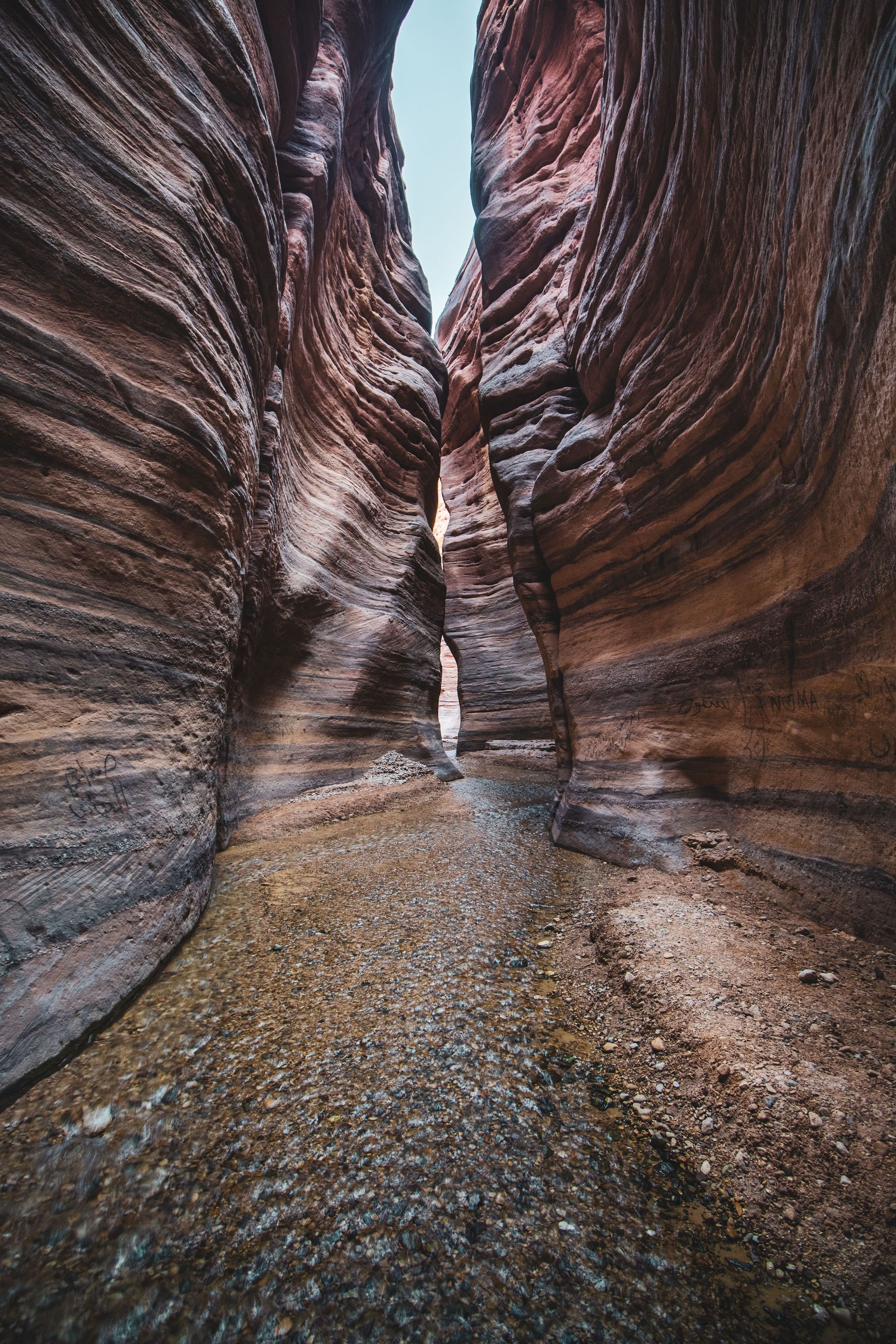 Narrow sandstone slot canyon with a shallow stream on the floor, typical of Jordan's wadi hiking trails
