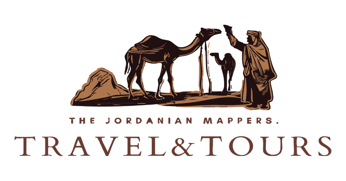 Person with camel and foal beside a kneeling camel in a desert scene