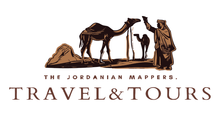 Person with camel and foal beside a kneeling camel in a desert scene