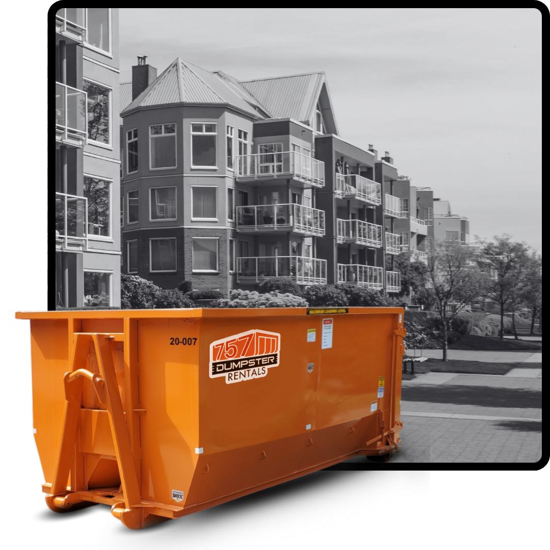 20 cubic yard dumpster in front of a residential building