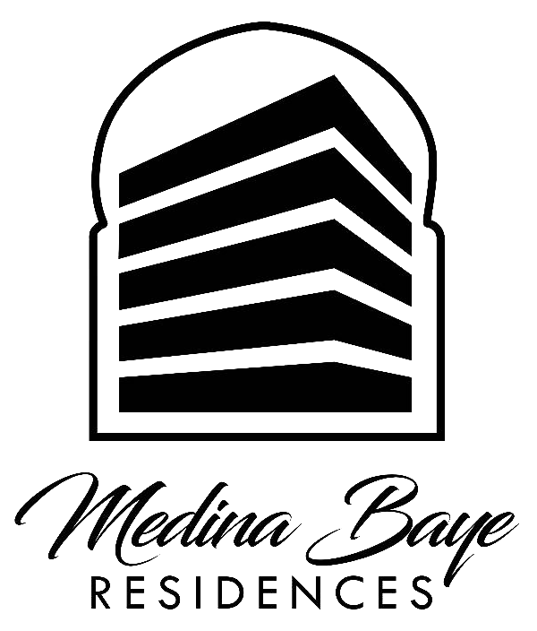 Logo for Medina Baye Residences: a modern building within an arched frame; text below.