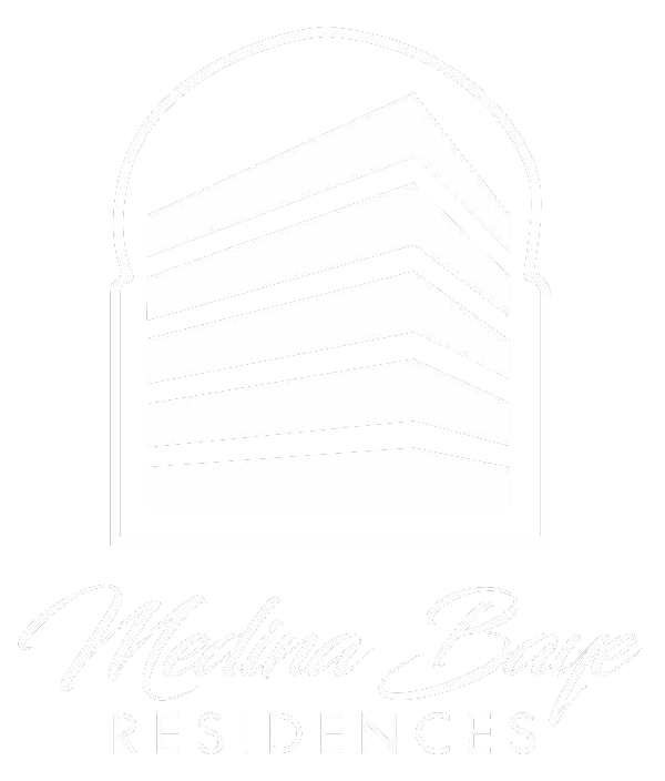 Logo of Medina Bay Residences: White building outline within an arched frame; cursive text