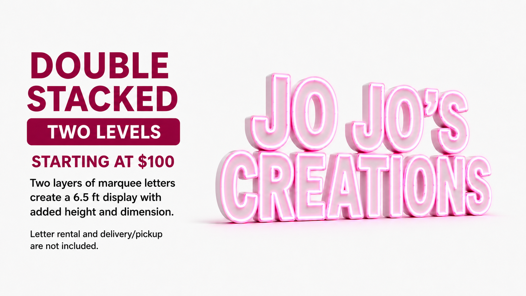 Pink LED marquee letters arranged in two stacked rows for a taller event display.