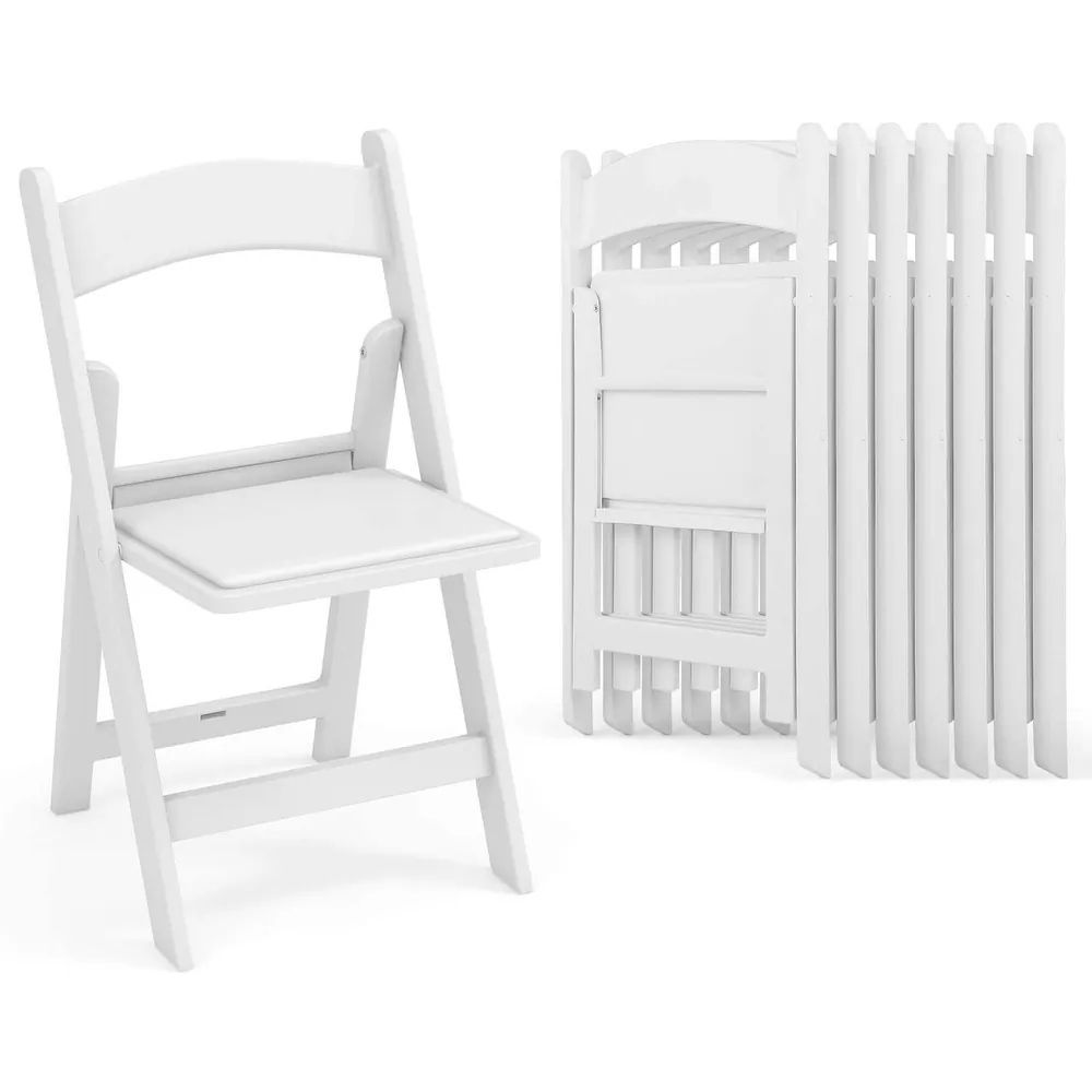 White resin folding chair rental with a sleek modern design, padded seat, and durable frame — perfect for weddings, graduations, corporate events, and upscale celebrations.