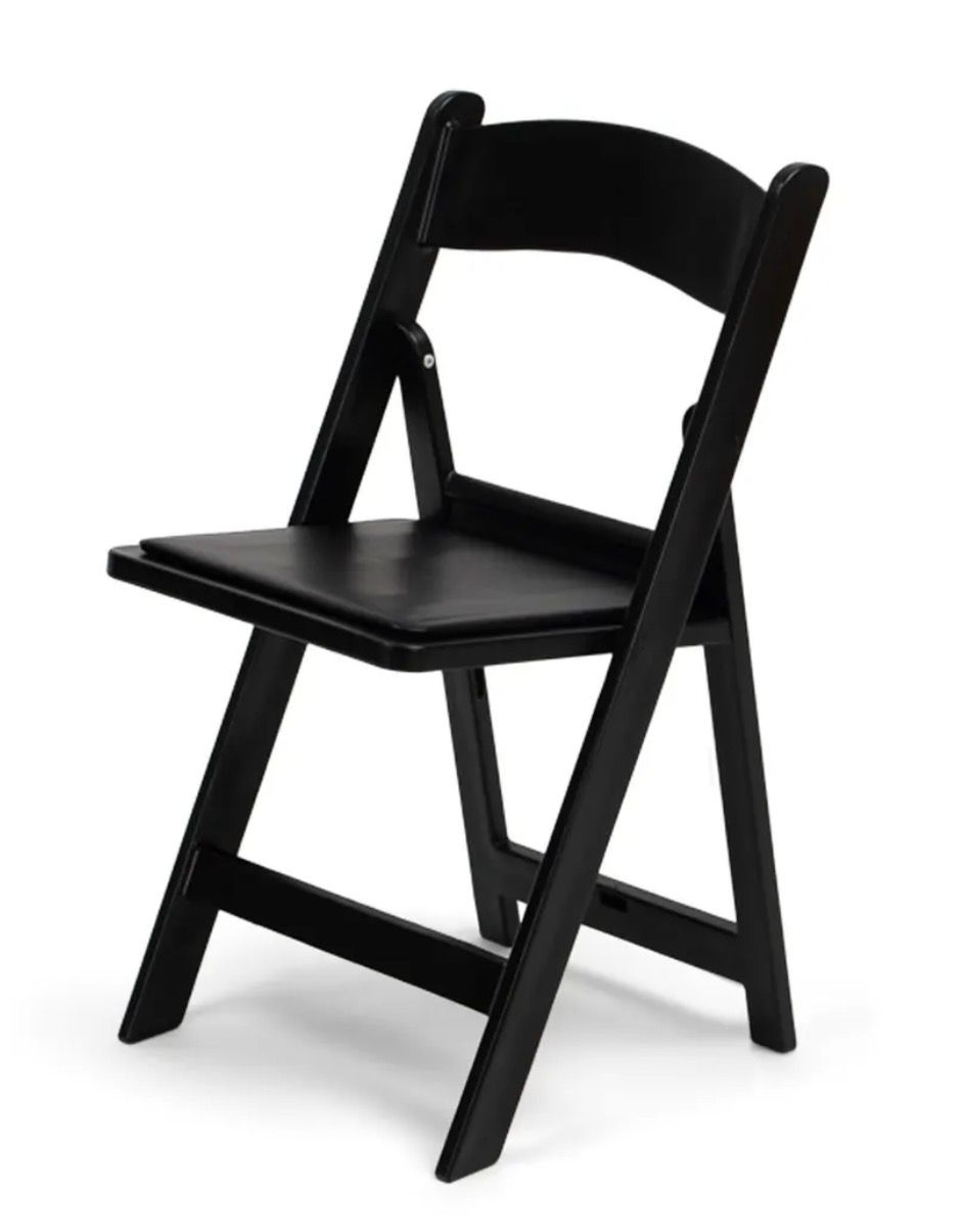 Black resin folding chair rental with a sleek modern design, padded seat, and durable frame — perfect for weddings, graduations, corporate events, and upscale celebrations.