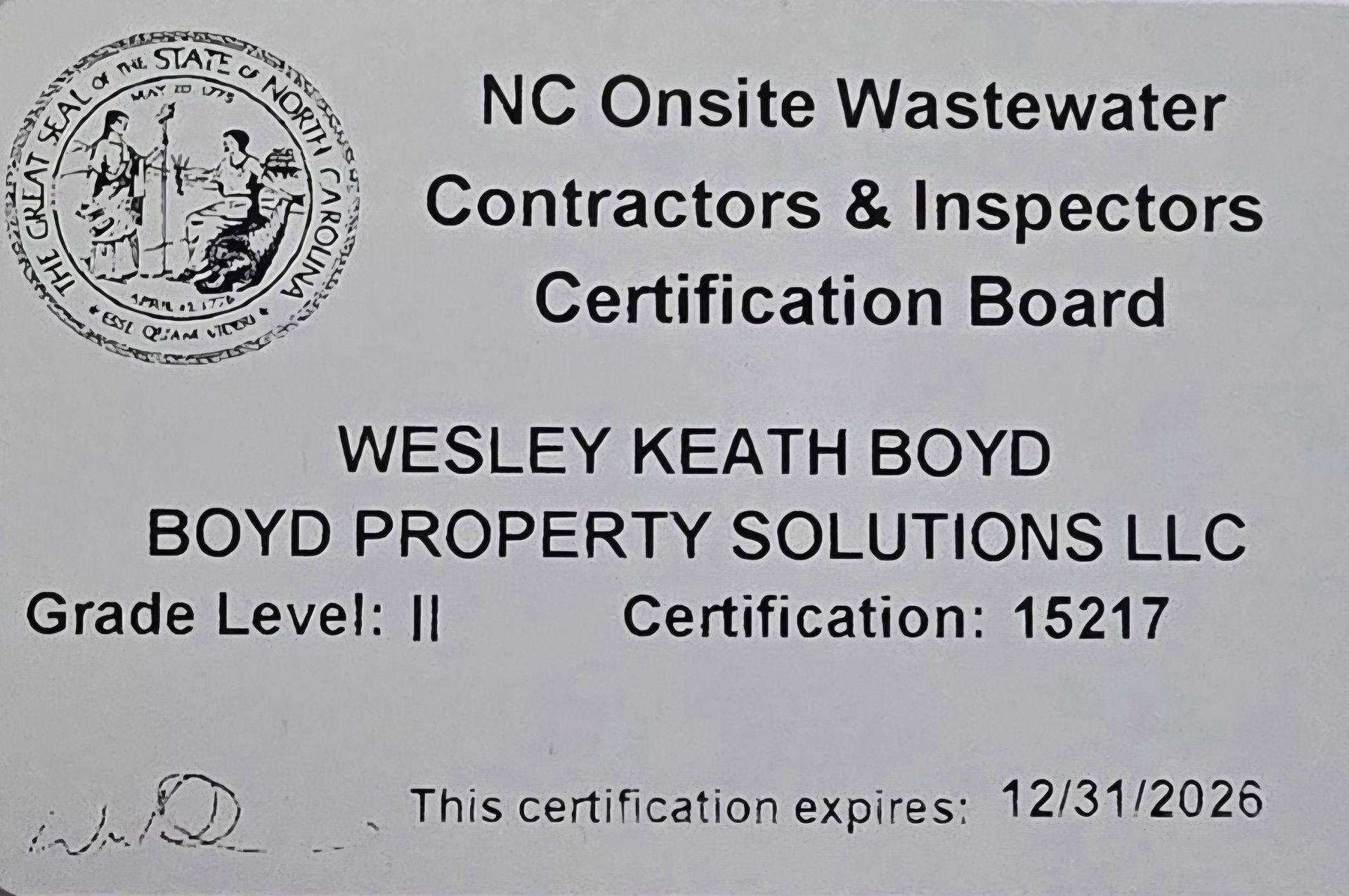 NC Onsite Wastewater Contractors & Inspectors Certification Board card for Wesley Keith Boyd, grade level II, expires 12/31/2026