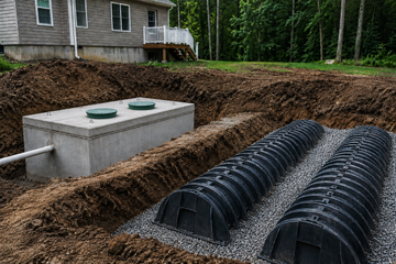Septic system installed beside a house, with tank and drain field trenches in a wooded yard