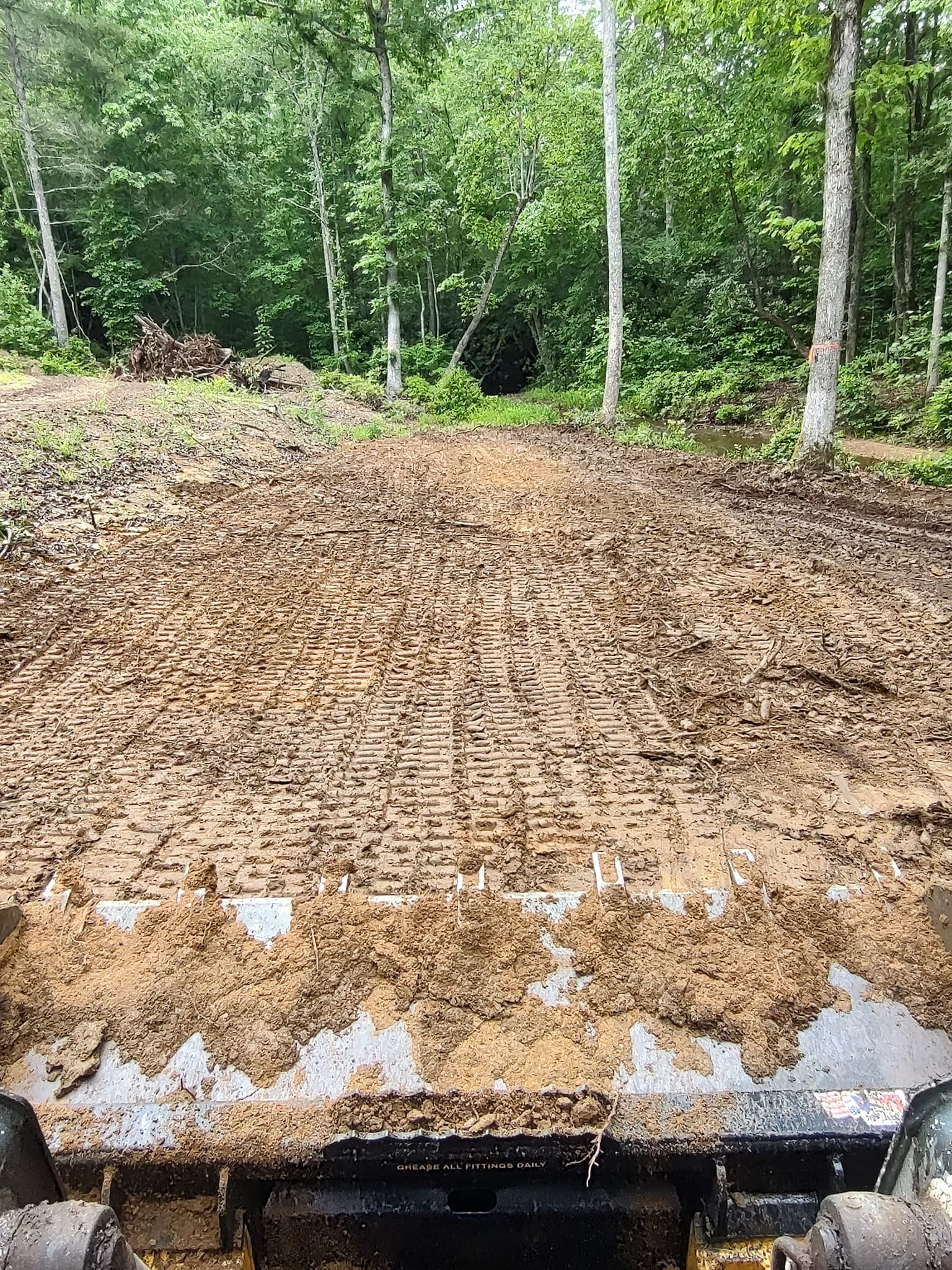 Mud-covered truck bed at the edge of a wooded dirt road, with trees in the background