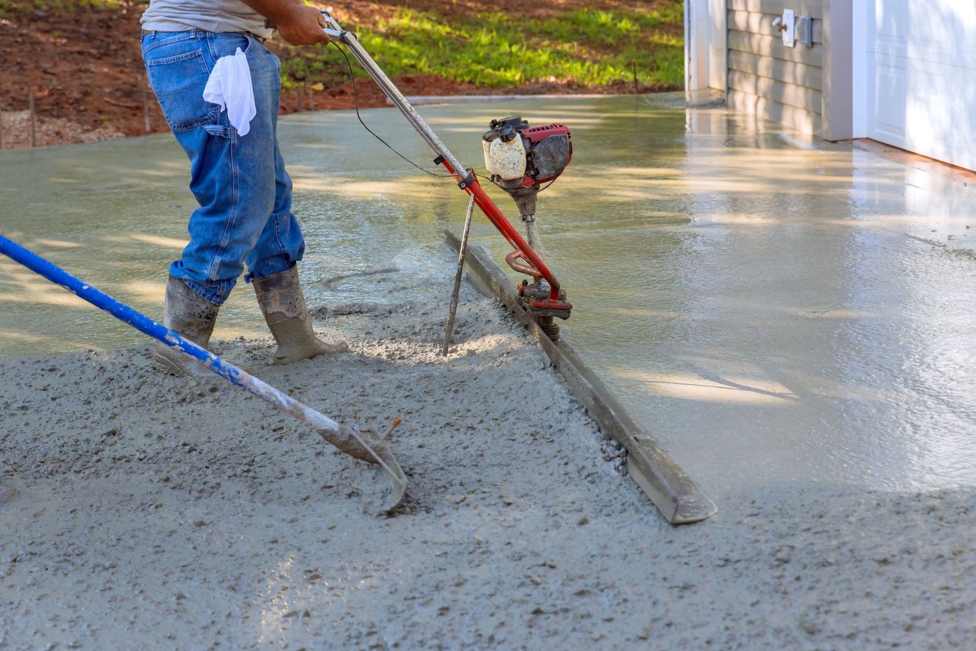 Worker smoothing wet concrete with a long-handled tool beside a wall and blue hose outdoors