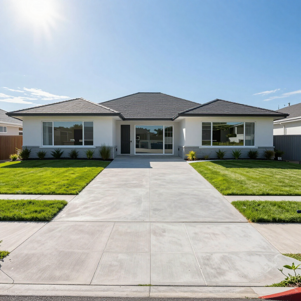 Modern single-story house with a wide concrete driveway and green lawn under a clear blue sky