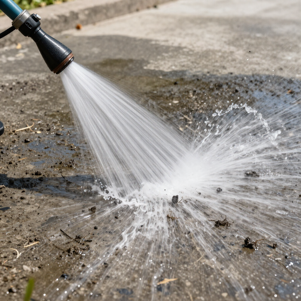 A hose sprays water onto a dirty concrete surface, creating a splash.