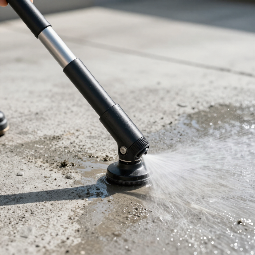 Pressure washer nozzle spraying water across a concrete surface