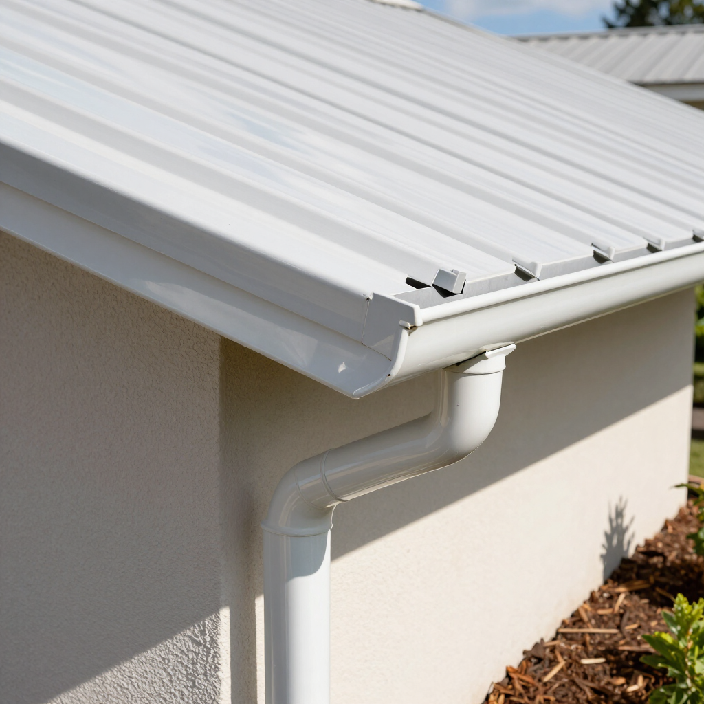White metal roof with gutter and downspout on a beige house