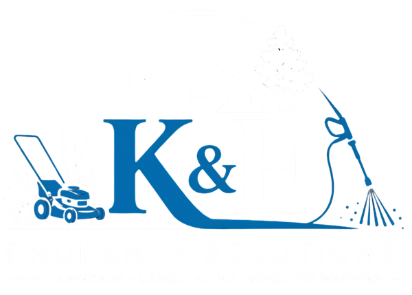Blue K& logo with a lawn mower on the left and a spray wand watering on the right