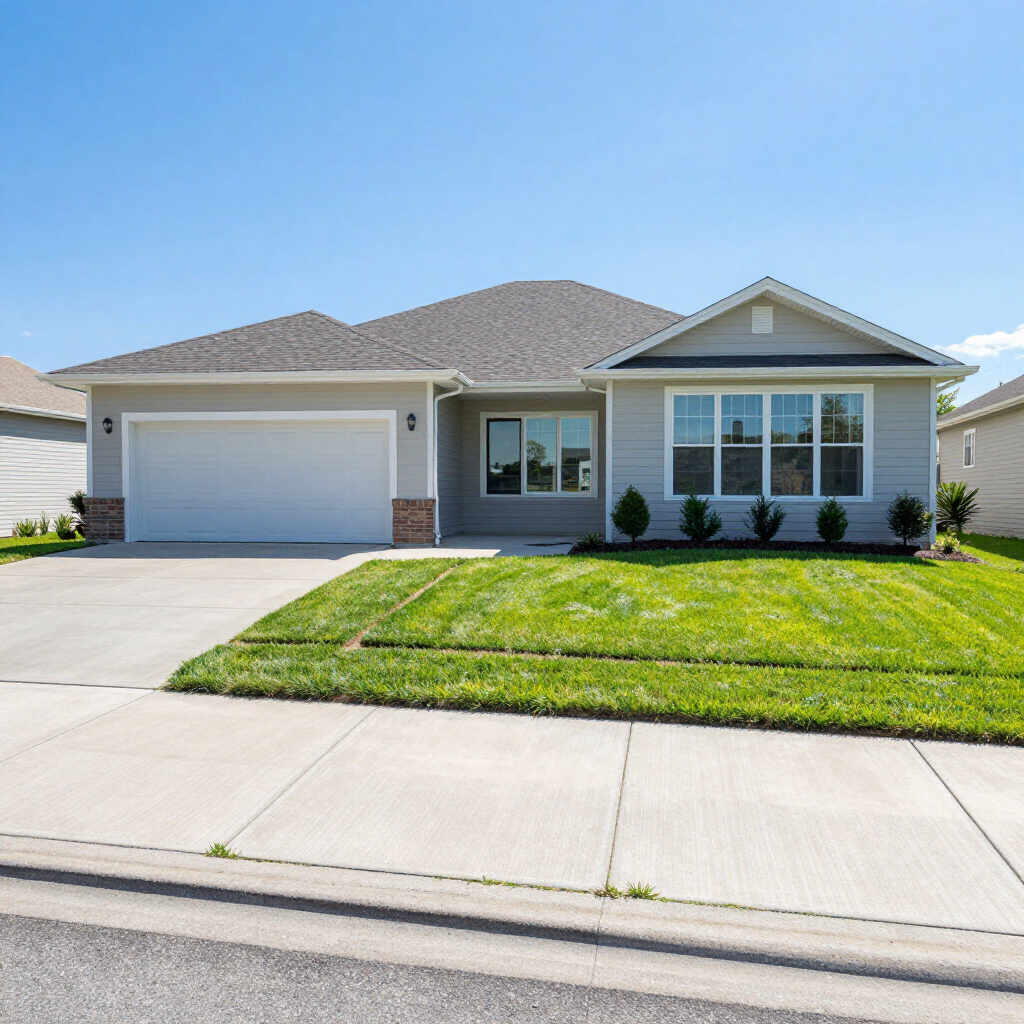 Single-story suburban house with gray siding, two-car garage, and green lawn under a blue sky