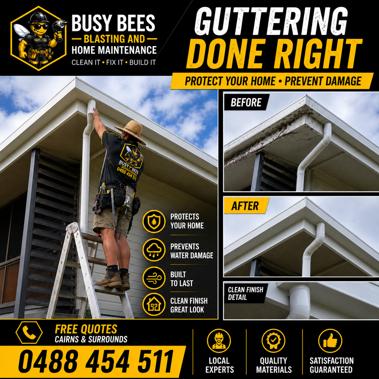 Person's Gloved Hand Cleaning Leaves and Debris From a Gutter on a House Roof — Busy Bees Blasting in Trinity Beach, QLD
