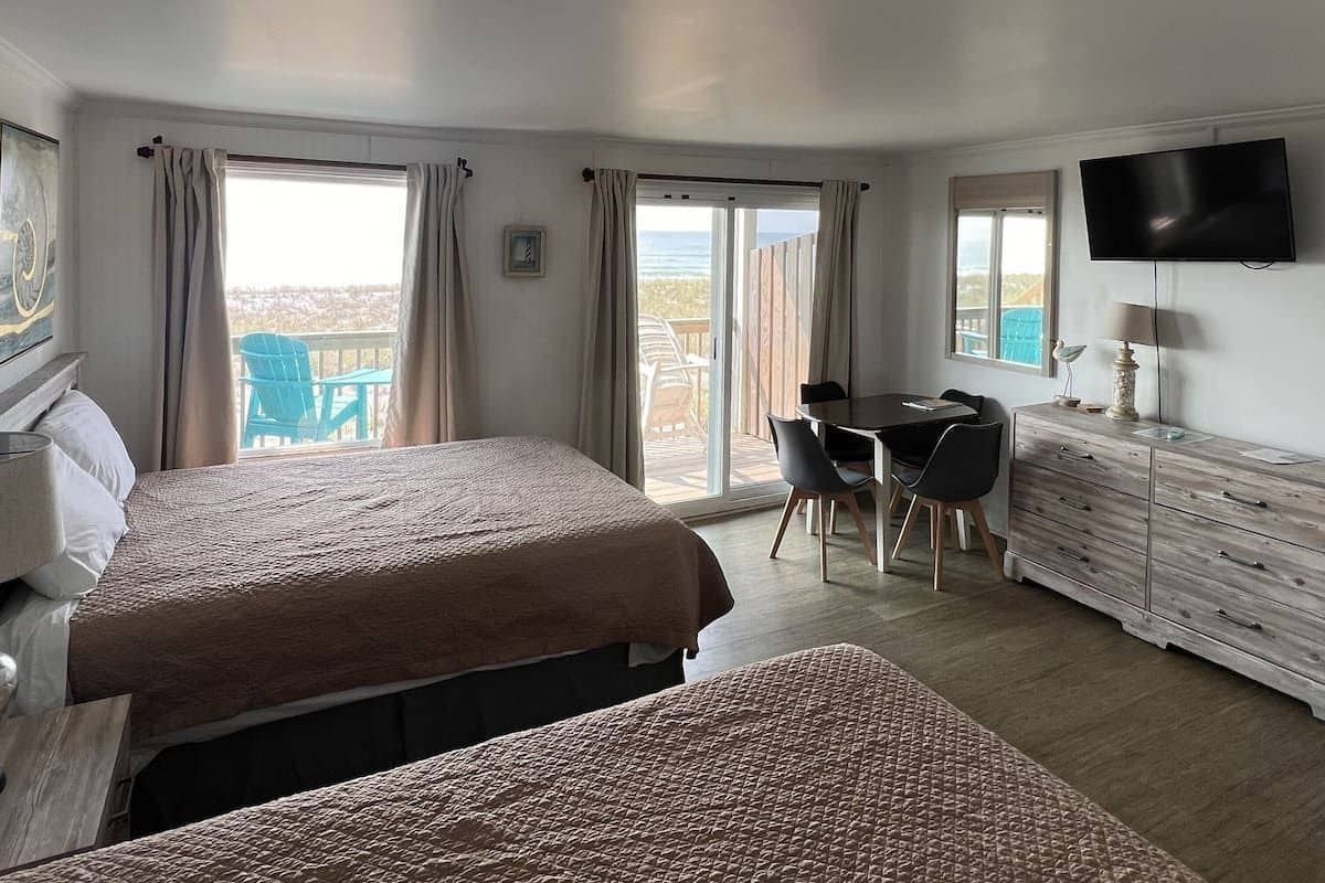 3d rendering luxury bedroom suite in resort high rise hotel with twin bed
