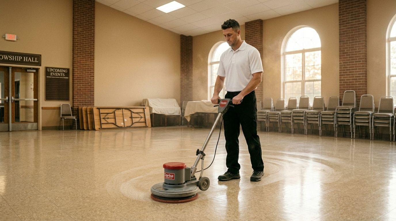 A professional cleaner is buffing a fellowship hall floor inside a religious facility in Chanhassen, MN.