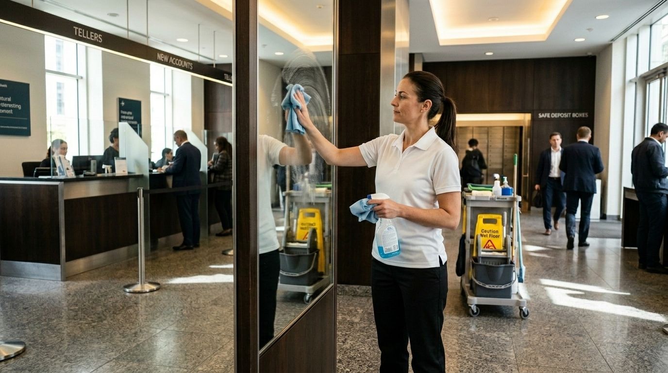 Professional Cleaner Mopping a Financial Institution Lobby Floor in Chanhassen, MN.