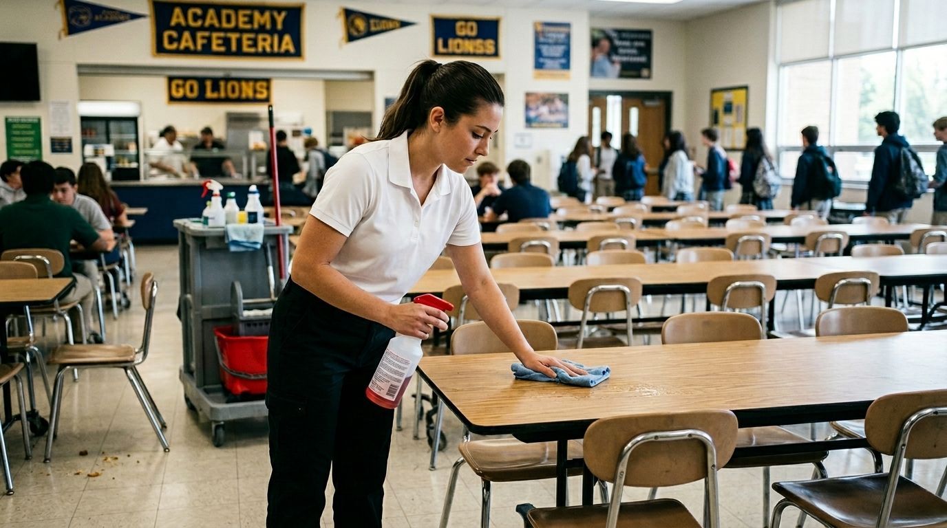 Professional Cleaner Disinfecting Cafeteria Tables Inside a School Dining Area in Chanhassen, MN.