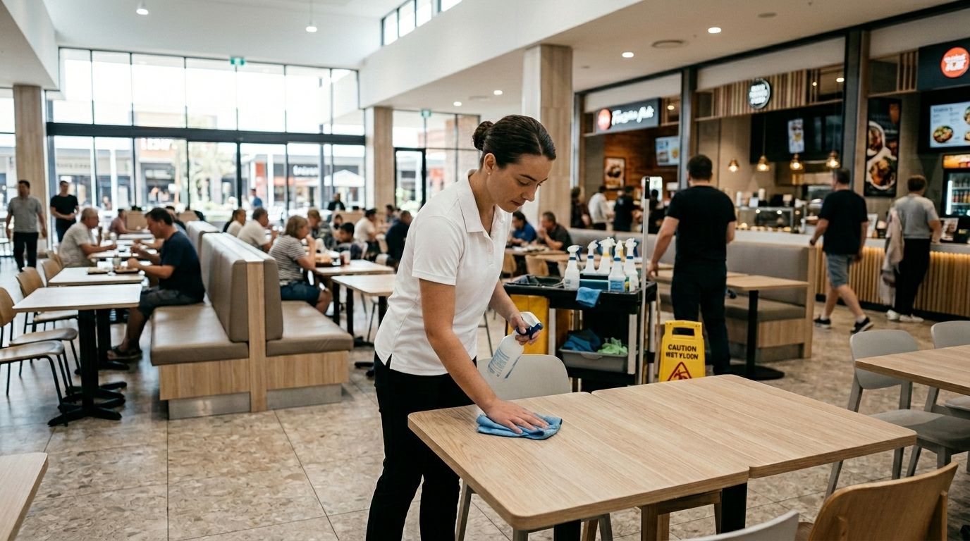 Professional Cleaner Disinfecting Dining Tables inside a Shopping Center Food Court in Chanhassen, MN.