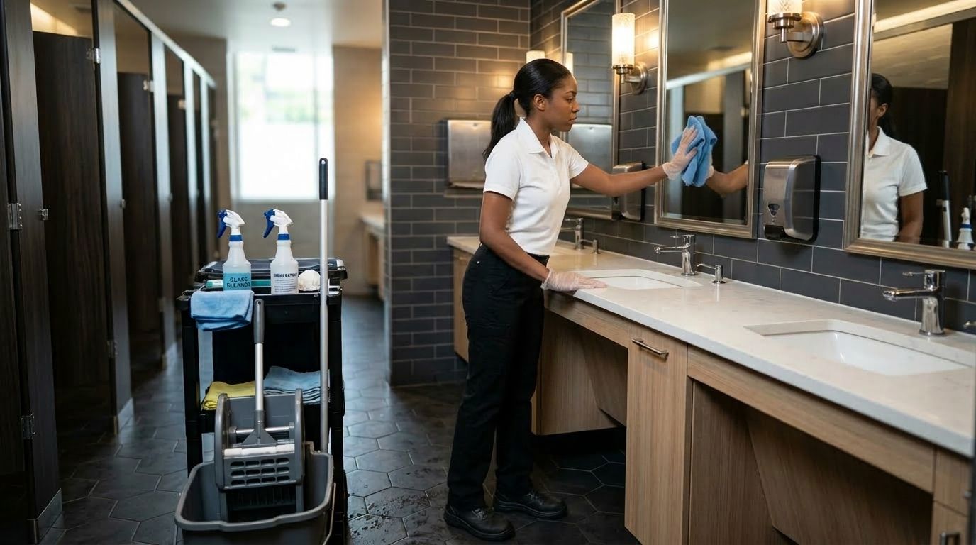 Professional Cleaner Disinfecting Restaurant Dining Tables with a Cleaning Cart Nearby in Chanhassen, MN