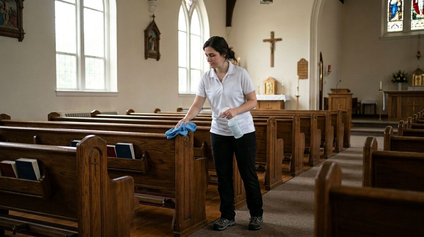 Professional Cleaner Disinfecting Wooden Church Pews Inside a Sanctuary in Chanhassen, MN.