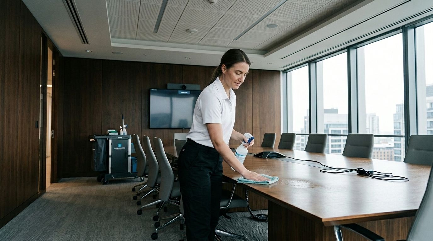 Professional Cleaner Disinfecting a Conference Room Table in Chanhassen, MN