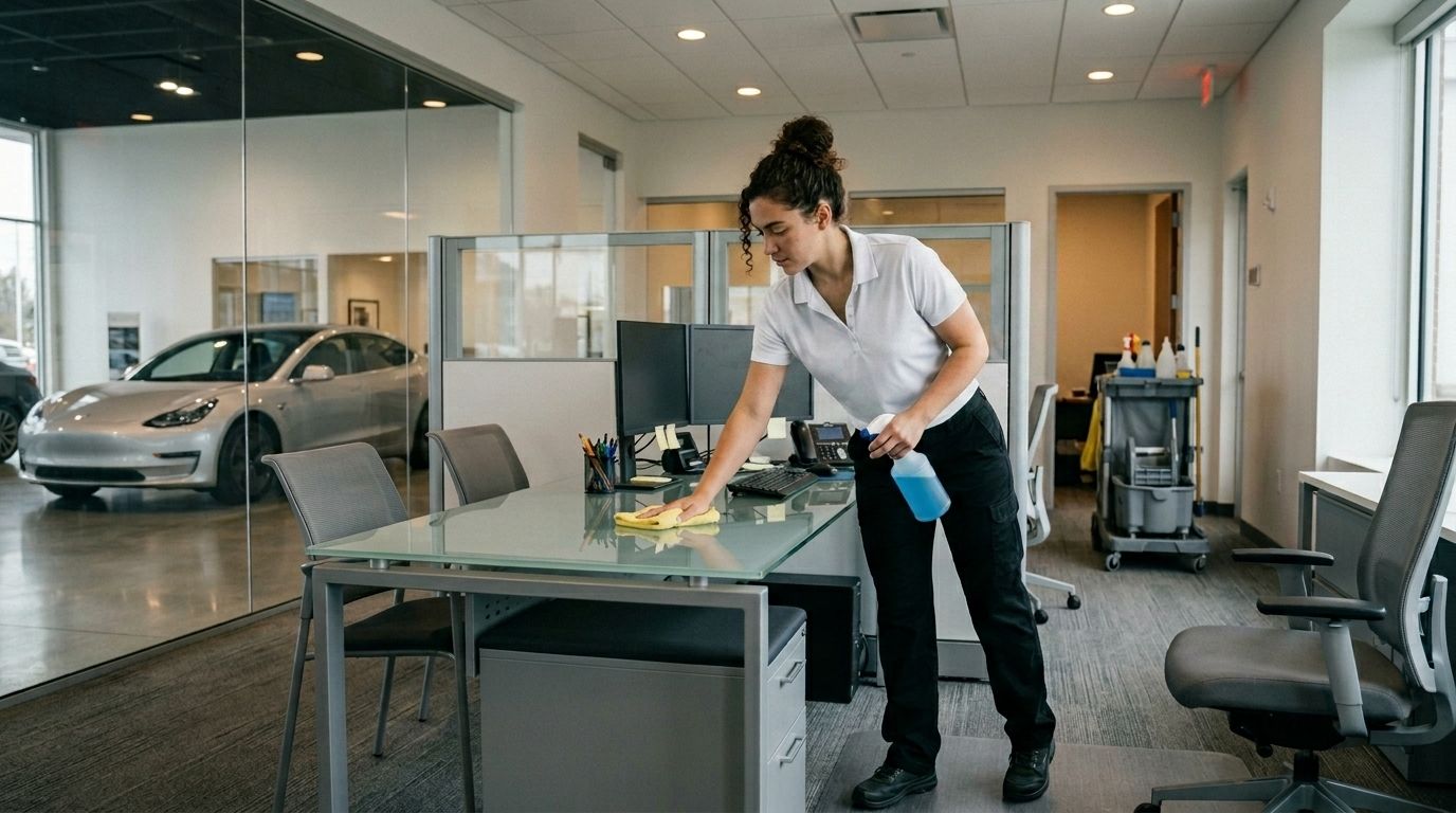 A professional cleaner disinfecting a desk inside an auto dealership sales office in Chanhassen, MN.